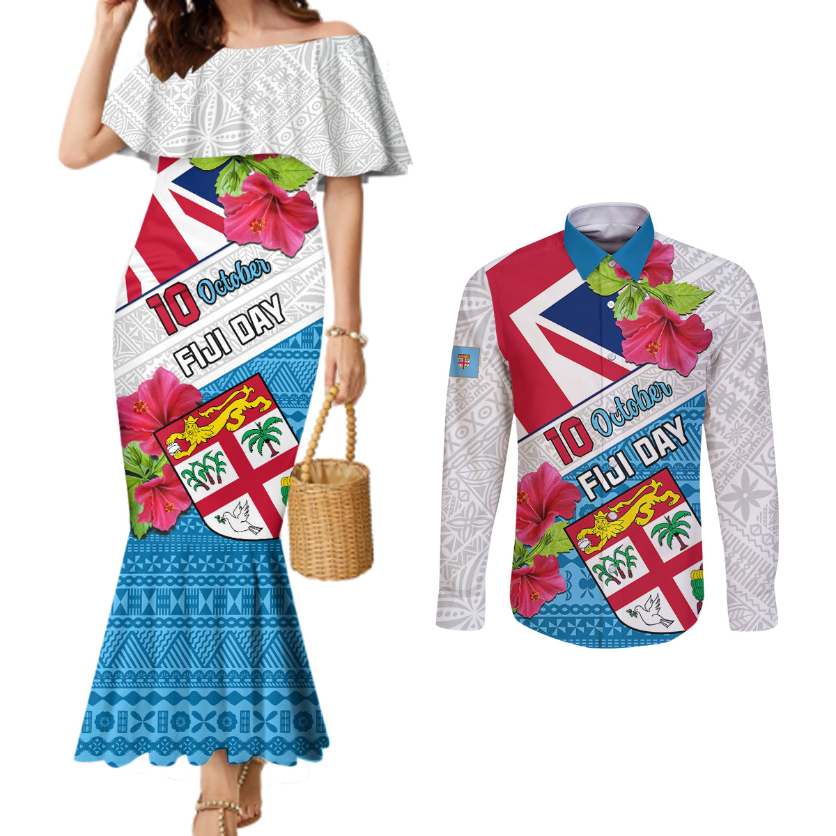 Fiji Day Couples Matching Mermaid Dress and Long Sleeve Button Shirts Fijian Hibiscus Special Version LT01 White - Polynesian Pride