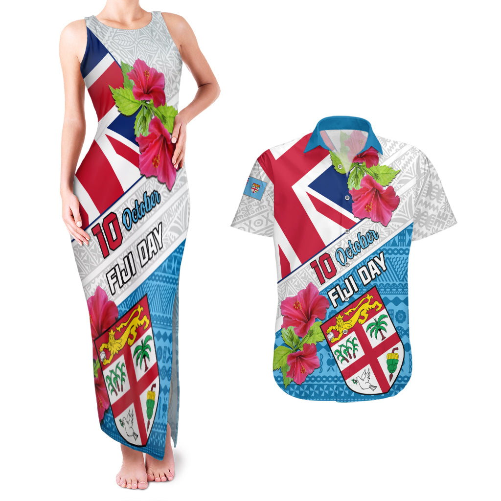 Fiji Day Couples Matching Tank Maxi Dress and Hawaiian Shirt Fijian Hibiscus Special Version LT01 White - Polynesian Pride