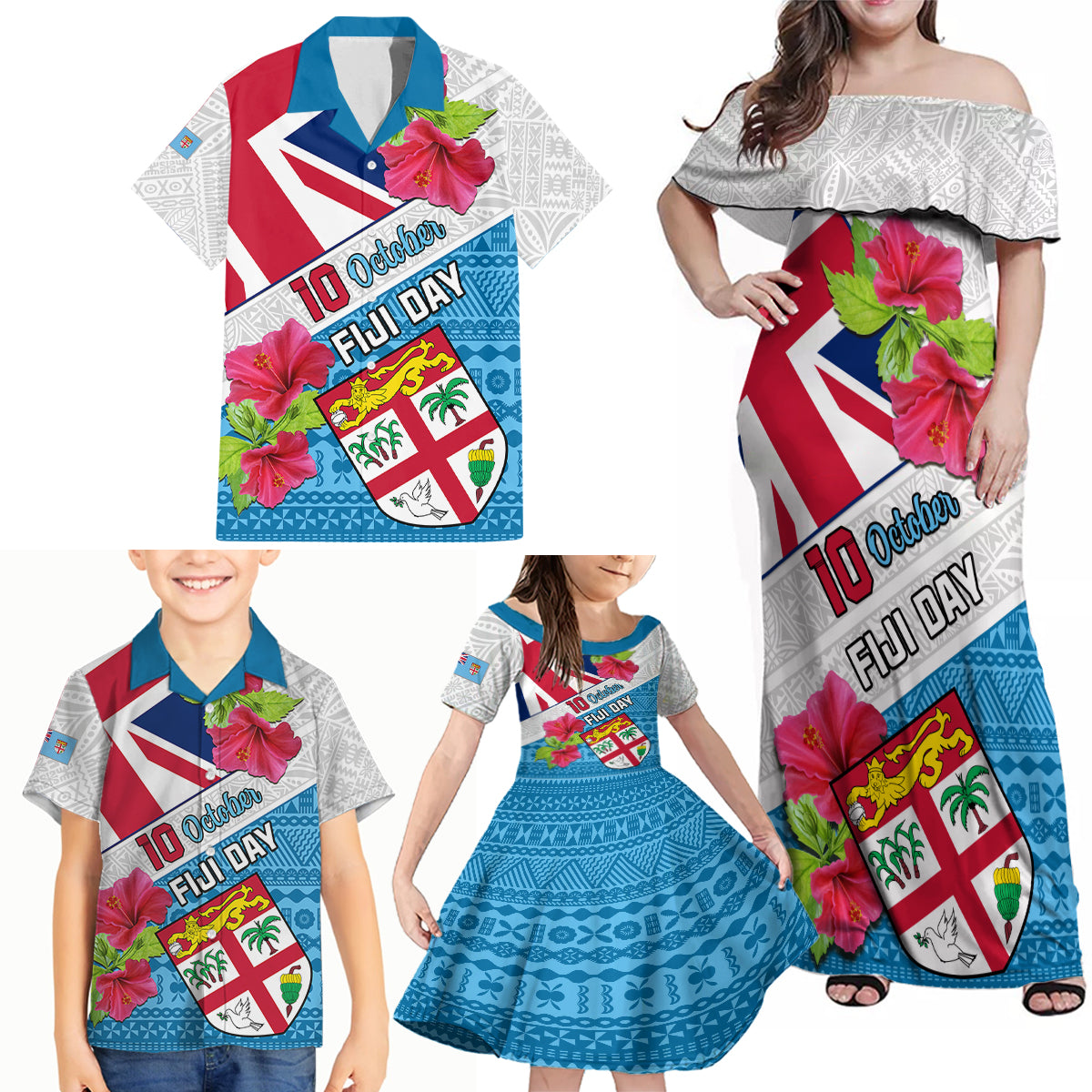 Fiji Day Family Matching Off Shoulder Maxi Dress and Hawaiian Shirt Fijian Hibiscus Special Version LT01 - Polynesian Pride