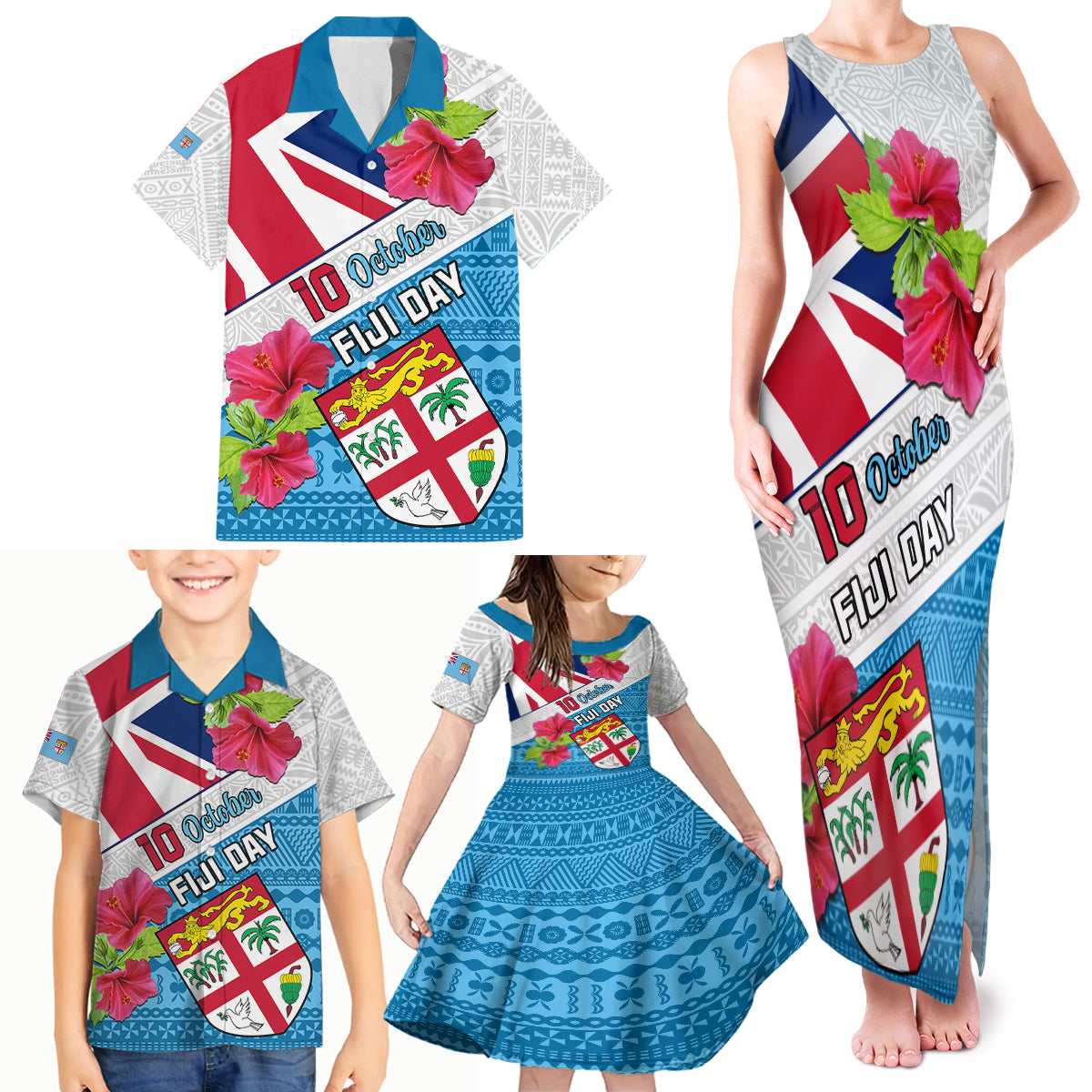 Fiji Day Family Matching Tank Maxi Dress and Hawaiian Shirt Fijian Hibiscus Special Version LT01 - Polynesian Pride