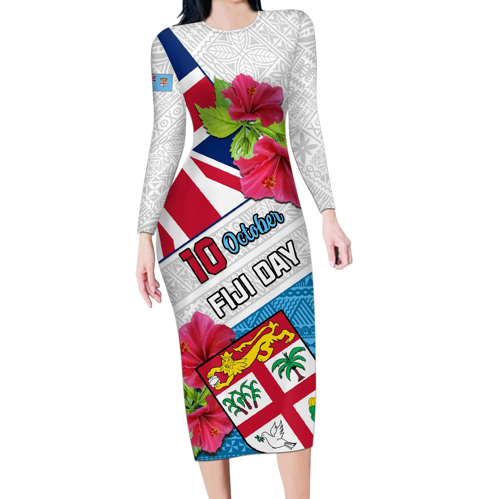 Fiji Day Long Sleeve Bodycon Dress Fijian Hibiscus Special Version LT01 Long Dress White - Polynesian Pride