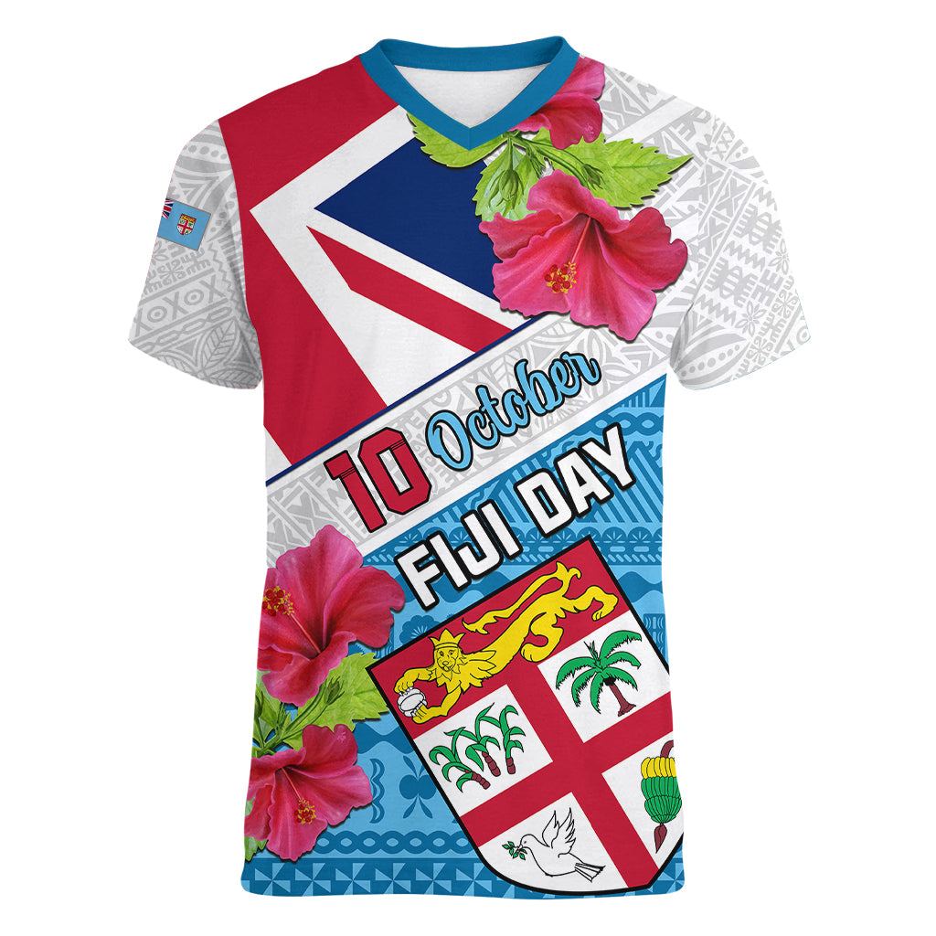 Fiji Day Women V Neck T Shirt Fijian Hibiscus Special Version LT01 Female White - Polynesian Pride