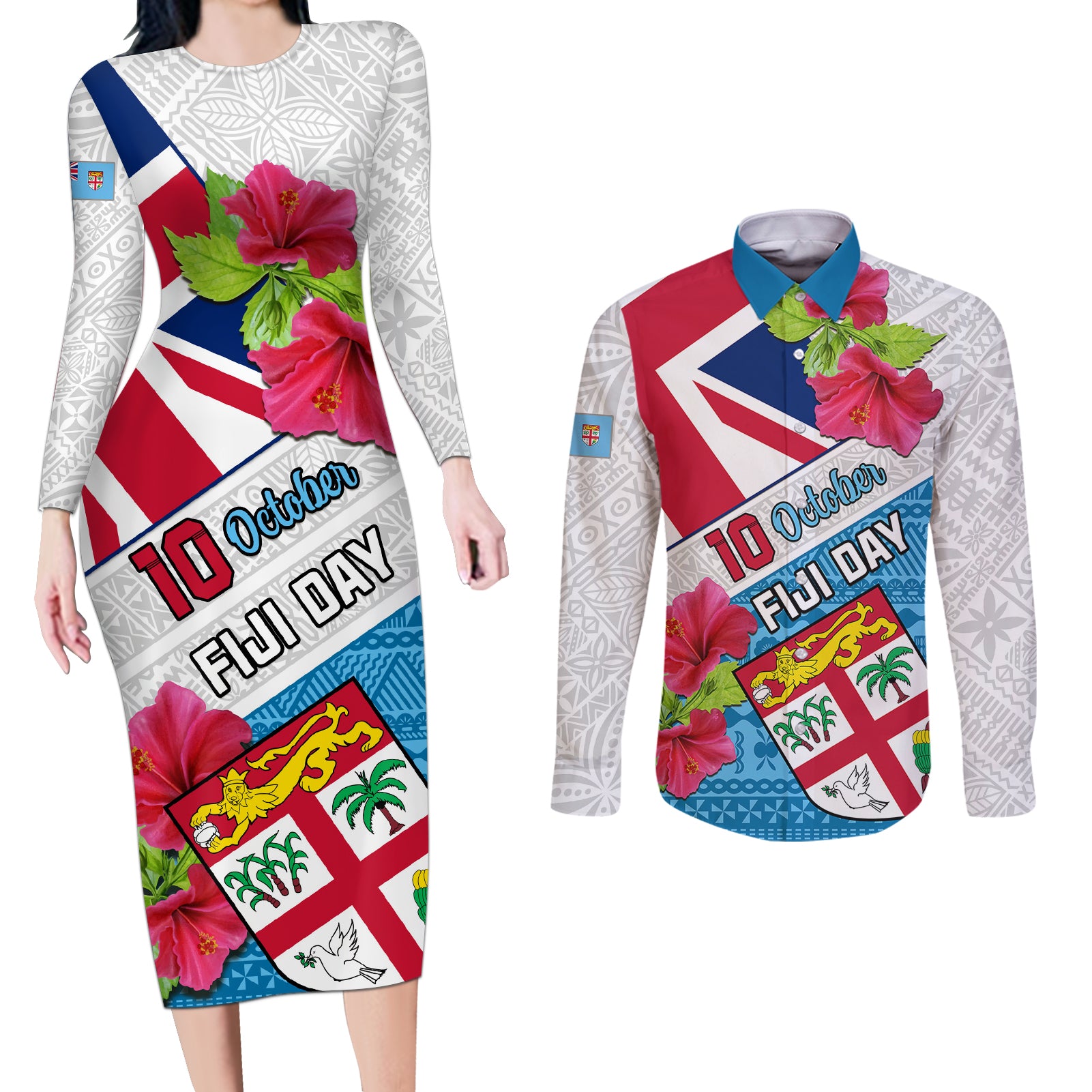 Personalised Fiji Day Couples Matching Long Sleeve Bodycon Dress and Long Sleeve Button Shirts Fijian Hibiscus Special Version LT01 White - Polynesian Pride