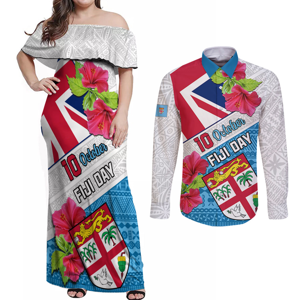 Personalised Fiji Day Couples Matching Off Shoulder Maxi Dress and Long Sleeve Button Shirts Fijian Hibiscus Special Version LT01 White - Polynesian Pride