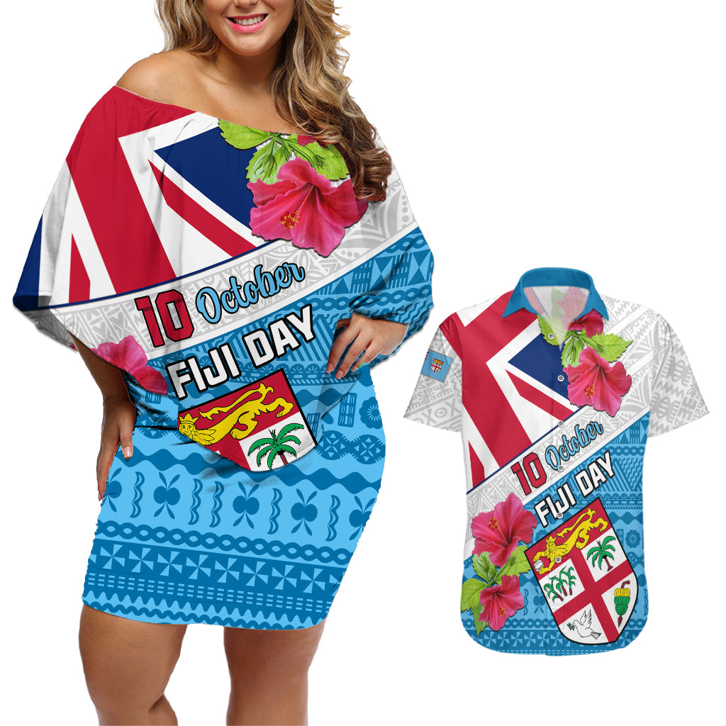 Personalised Fiji Day Couples Matching Off Shoulder Short Dress and Hawaiian Shirt Fijian Hibiscus Special Version LT01 White - Polynesian Pride