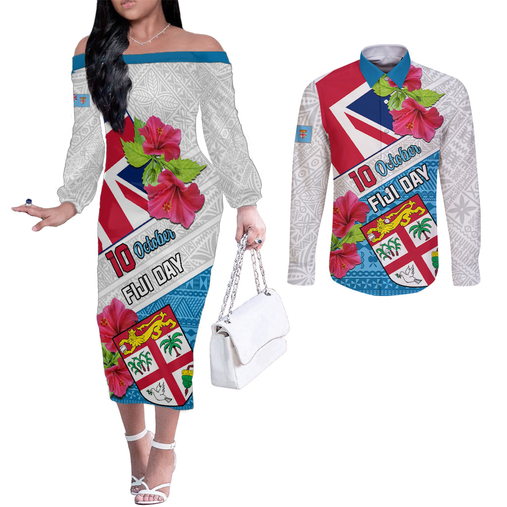 Personalised Fiji Day Couples Matching Off The Shoulder Long Sleeve Dress and Long Sleeve Button Shirts Fijian Hibiscus Special Version LT01 White - Polynesian Pride