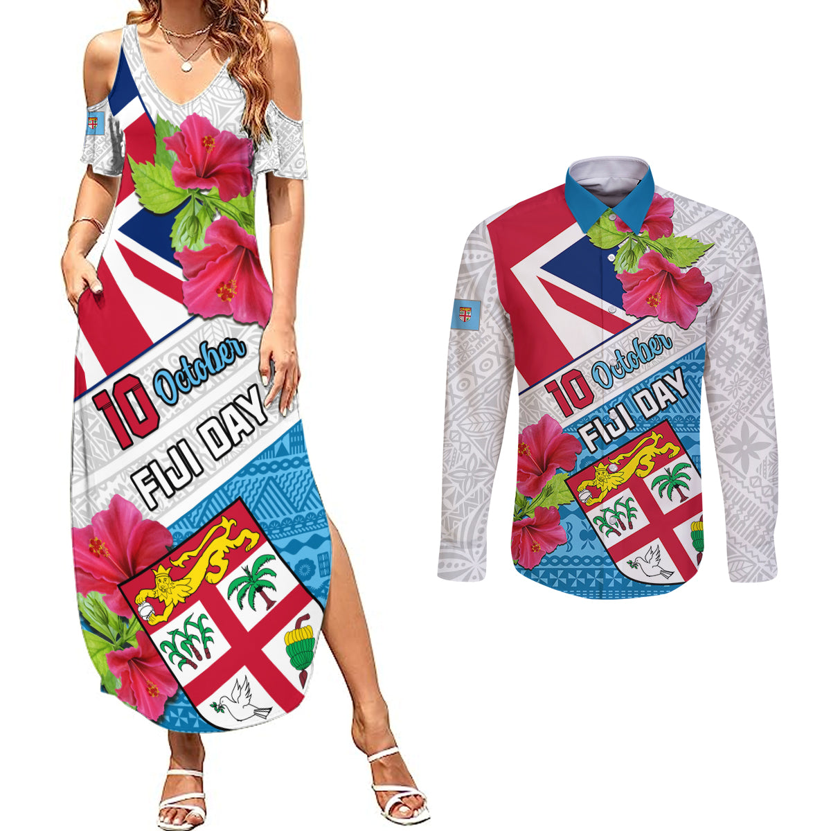 Personalised Fiji Day Couples Matching Summer Maxi Dress and Long Sleeve Button Shirts Fijian Hibiscus Special Version LT01 White - Polynesian Pride