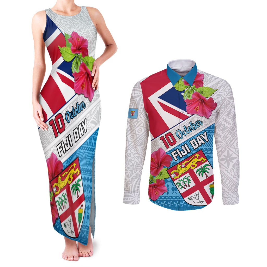 Personalised Fiji Day Couples Matching Tank Maxi Dress and Long Sleeve Button Shirts Fijian Hibiscus Special Version LT01 White - Polynesian Pride