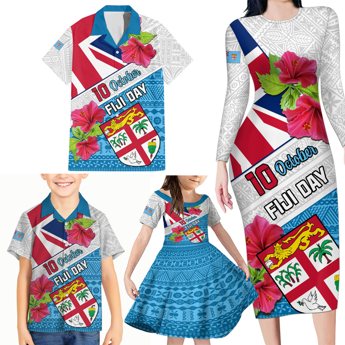 Personalised Fiji Day Family Matching Long Sleeve Bodycon Dress and Hawaiian Shirt Fijian Hibiscus Special Version LT01 - Polynesian Pride