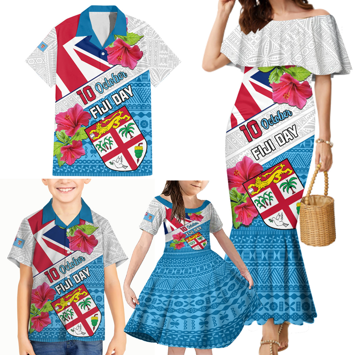 Personalised Fiji Day Family Matching Mermaid Dress and Hawaiian Shirt Fijian Hibiscus Special Version LT01 - Polynesian Pride