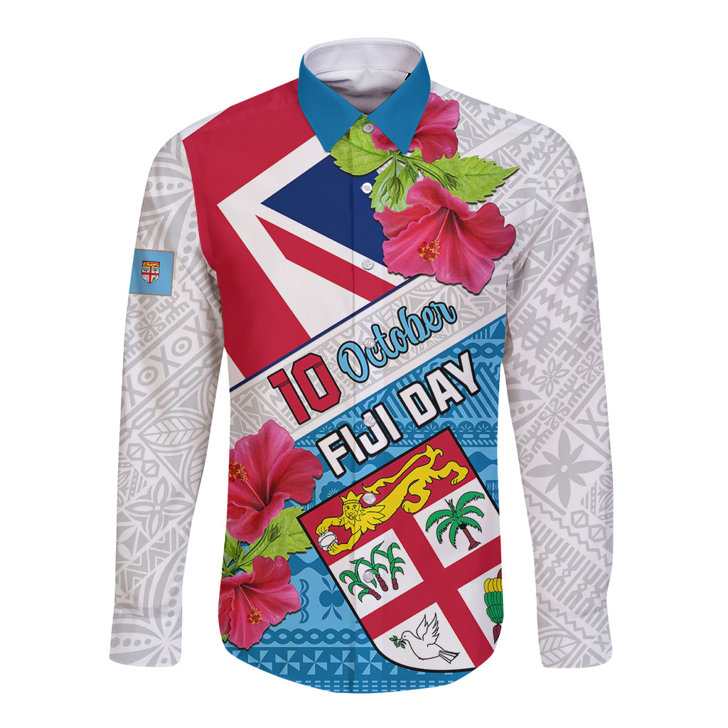 Personalised Fiji Day Long Sleeve Button Shirt Fijian Hibiscus Special Version LT01 Unisex White - Polynesian Pride