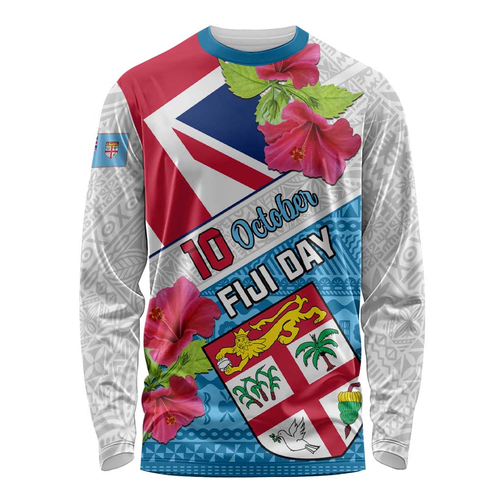 Personalised Fiji Day Long Sleeve Shirt Fijian Hibiscus Special Version LT01 Unisex White - Polynesian Pride