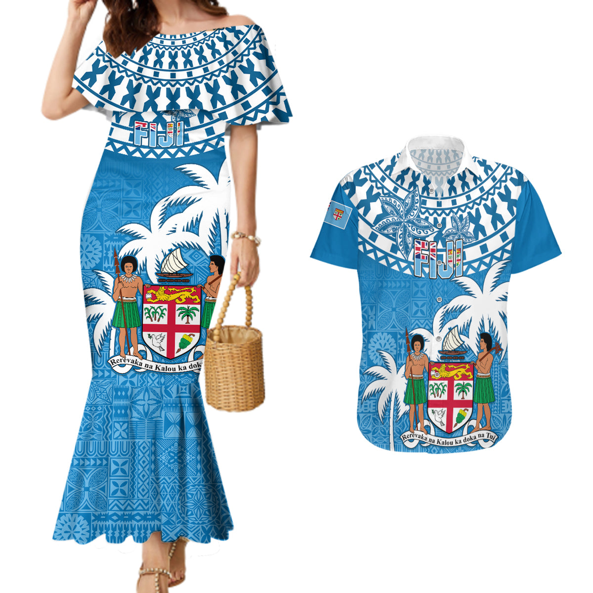 Fiji Couples Matching Mermaid Dress and Hawaiian Shirt Bula Fijian Tapa Pattern LT01 Blue - Polynesian Pride