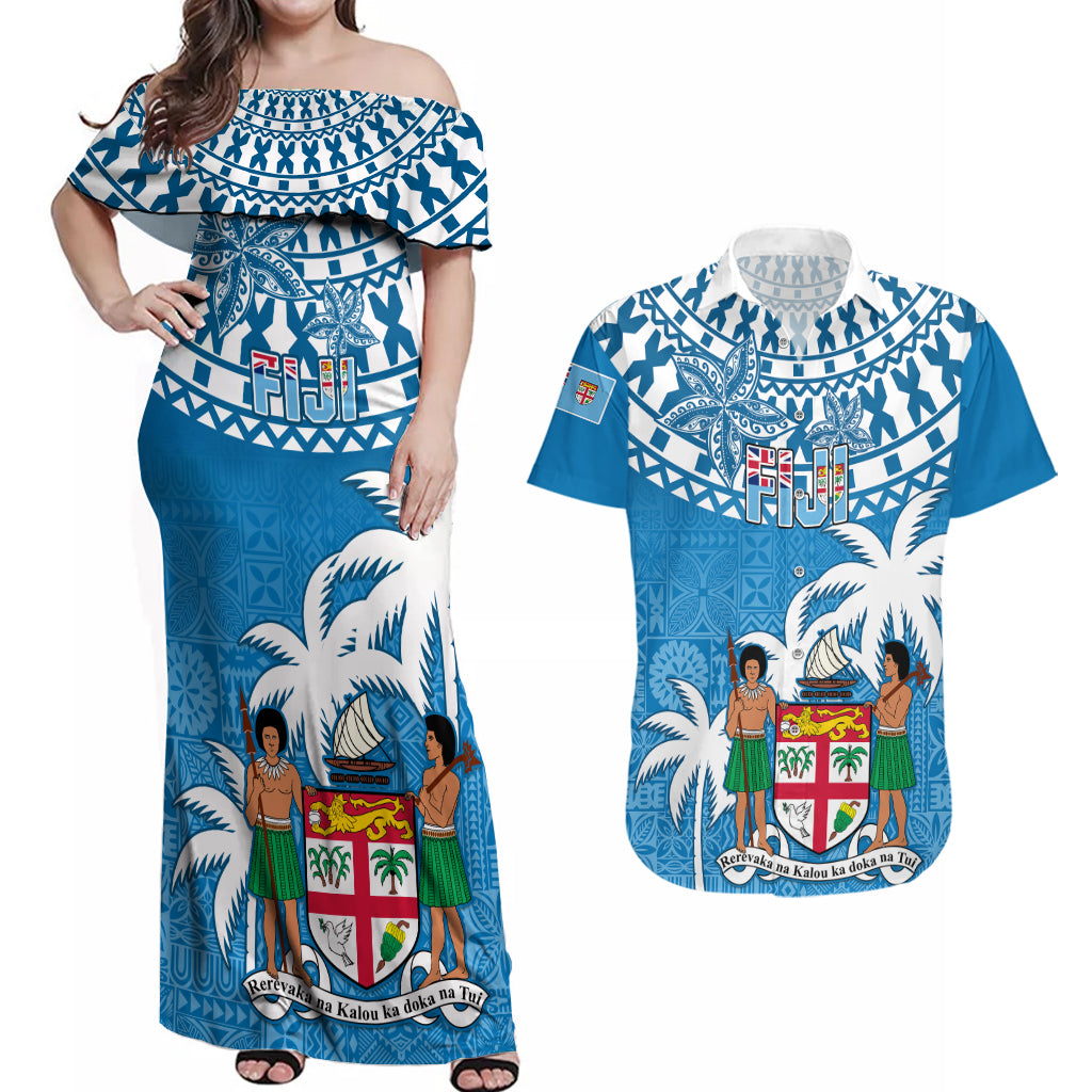 Fiji Couples Matching Off Shoulder Maxi Dress and Hawaiian Shirt Bula Fijian Tapa Pattern LT01 Blue - Polynesian Pride