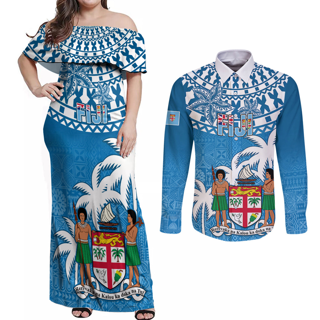 Fiji Couples Matching Off Shoulder Maxi Dress and Long Sleeve Button Shirts Bula Fijian Tapa Pattern LT01 Blue - Polynesian Pride