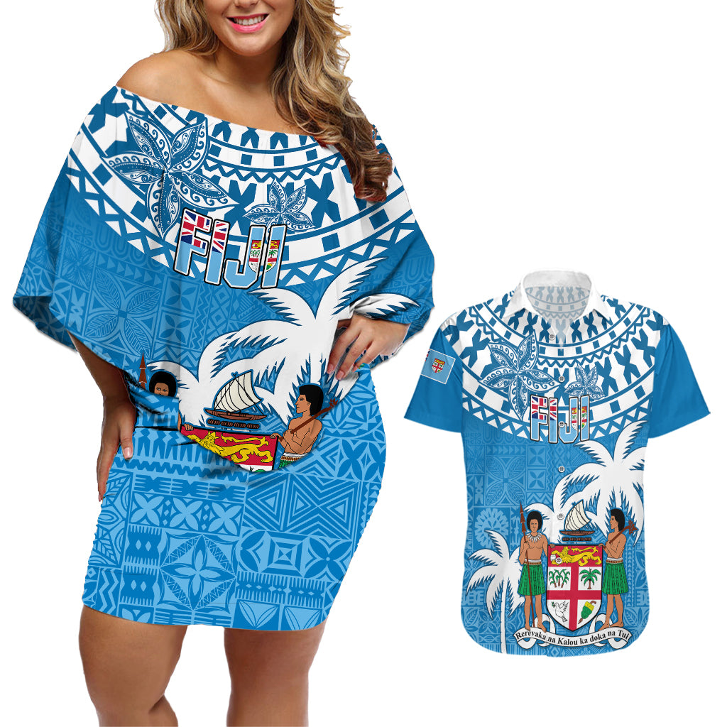 Fiji Couples Matching Off Shoulder Short Dress and Hawaiian Shirt Bula Fijian Tapa Pattern LT01 Blue - Polynesian Pride