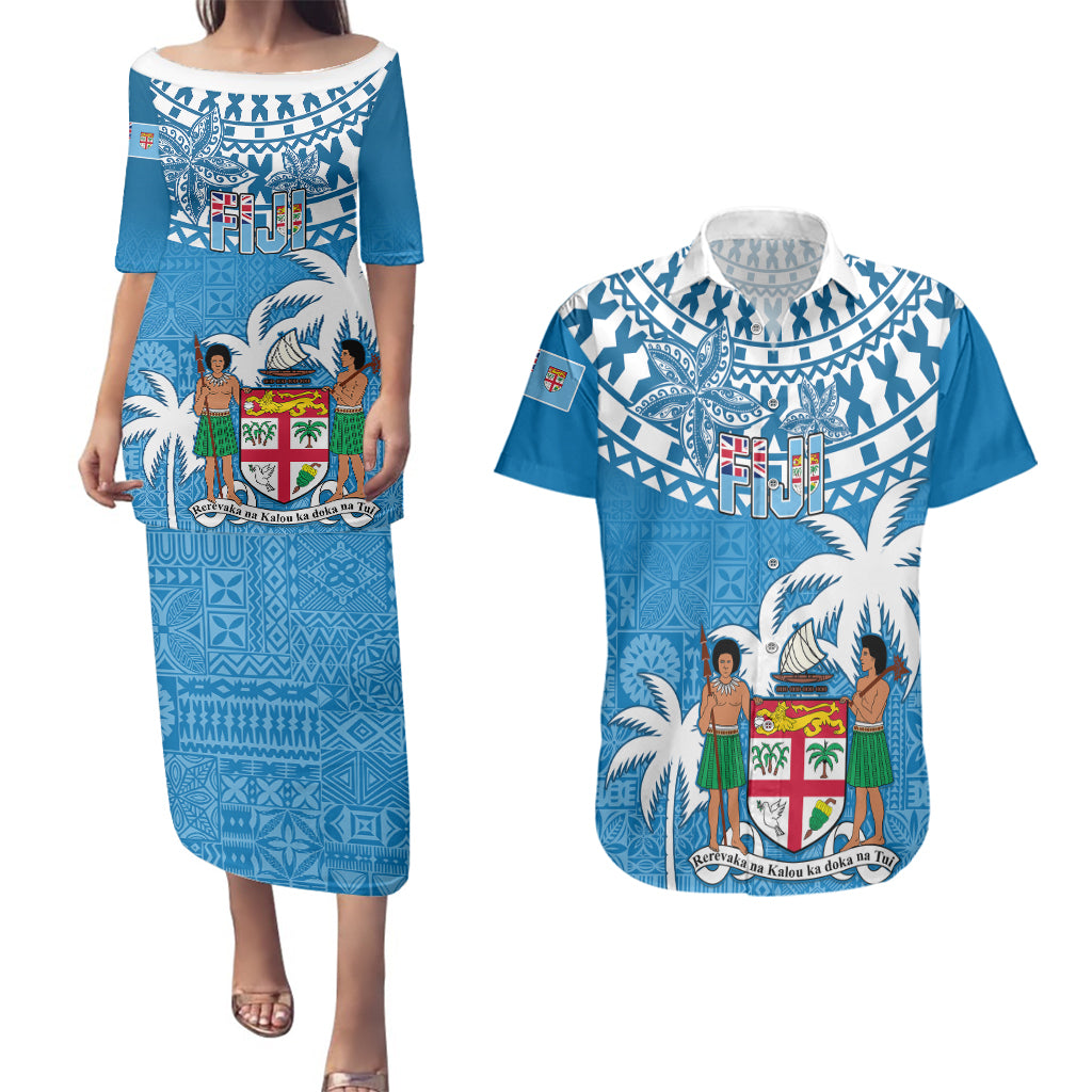 Fiji Couples Matching Puletasi Dress and Hawaiian Shirt Bula Fijian Tapa Pattern LT01 Blue - Polynesian Pride