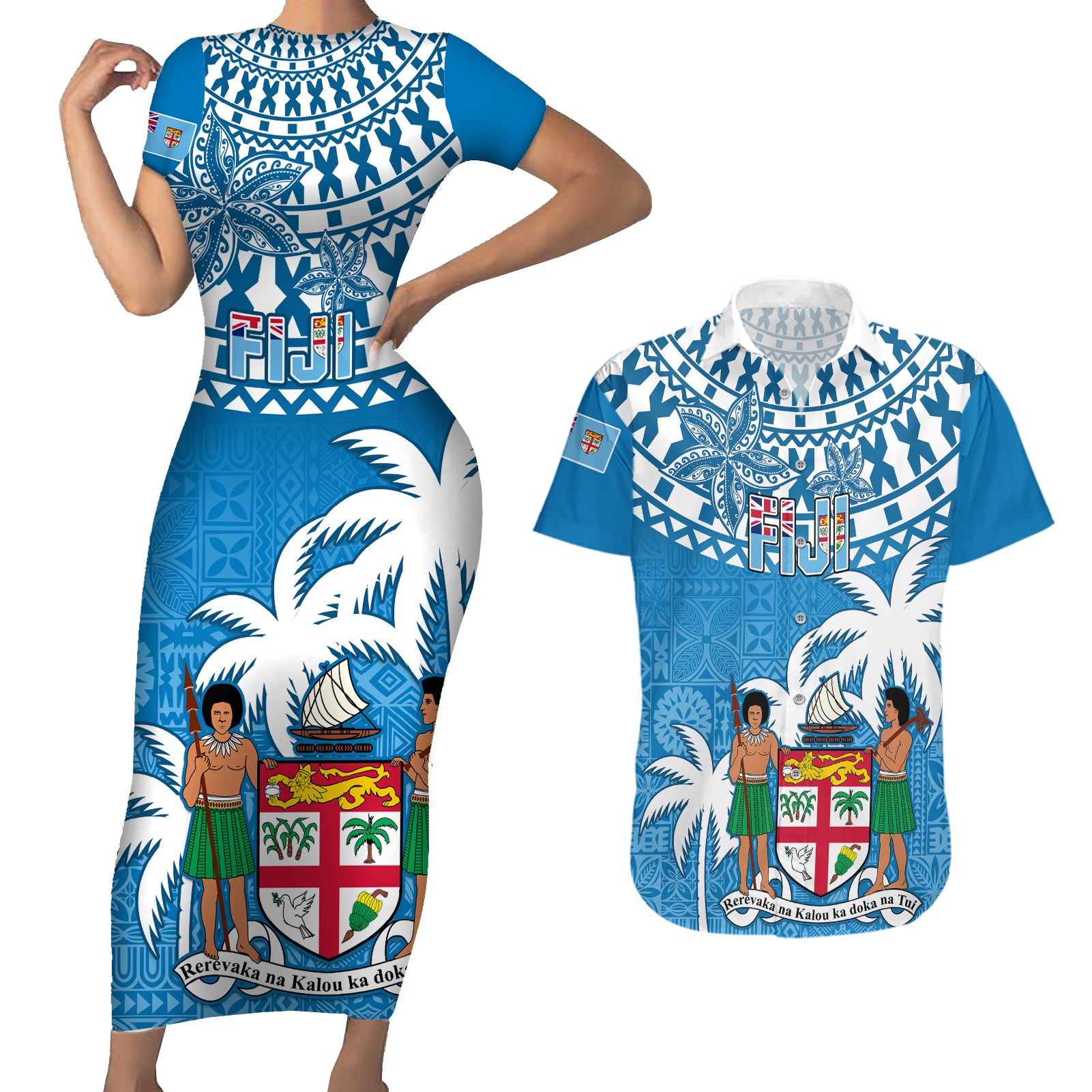 Fiji Couples Matching Short Sleeve Bodycon Dress and Hawaiian Shirt Bula Fijian Tapa Pattern LT01 Blue - Polynesian Pride