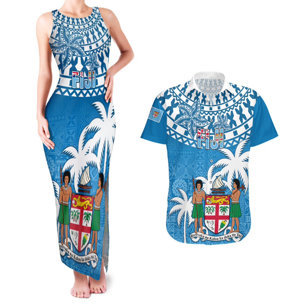 Fiji Couples Matching Tank Maxi Dress and Hawaiian Shirt Bula Fijian Tapa Pattern LT01 Blue - Polynesian Pride