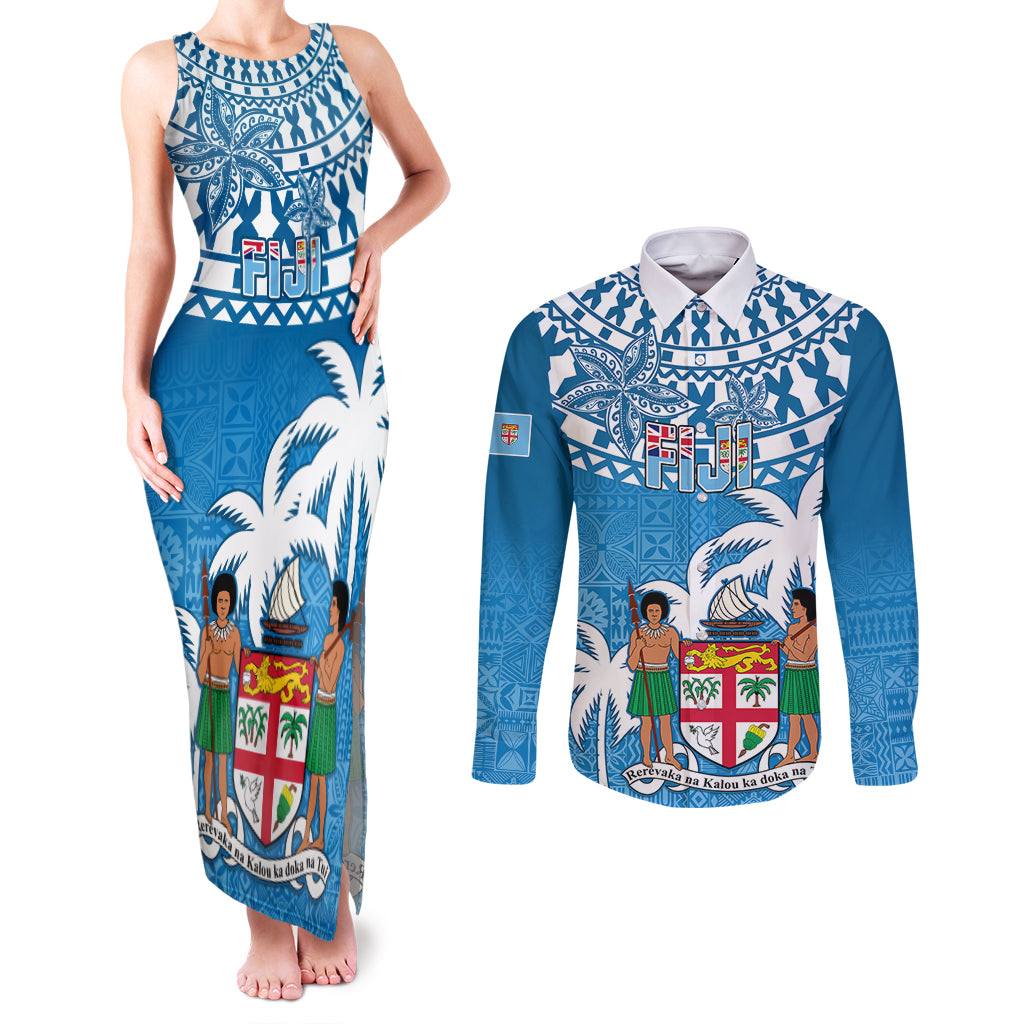 Fiji Couples Matching Tank Maxi Dress and Long Sleeve Button Shirts Bula Fijian Tapa Pattern LT01 Blue - Polynesian Pride