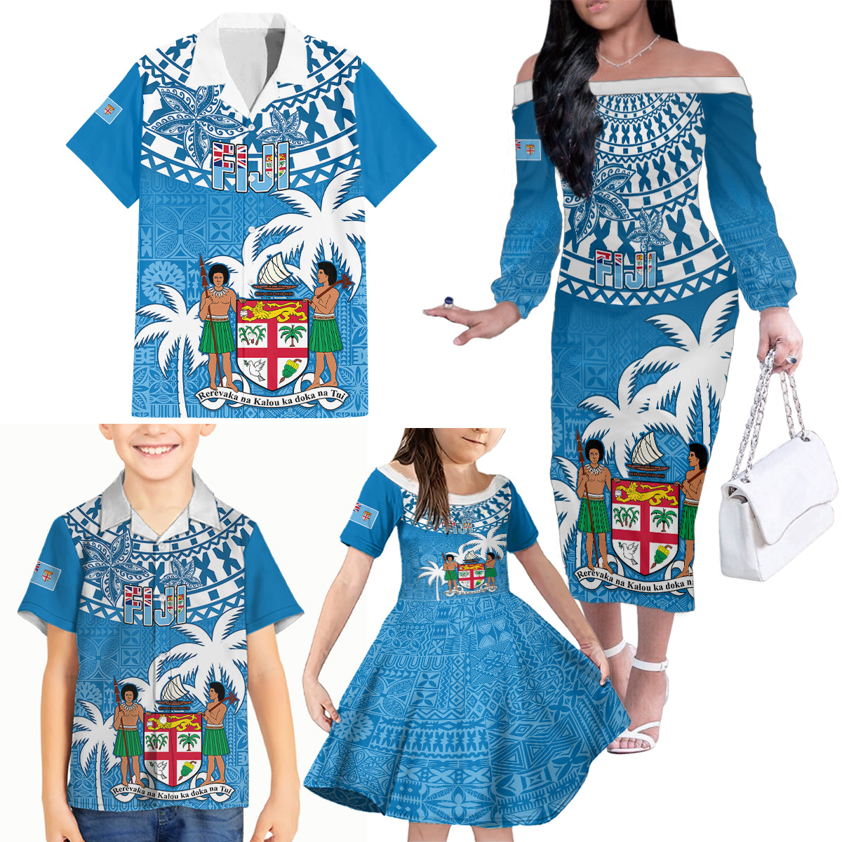 Fiji Family Matching Off Shoulder Long Sleeve Dress and Hawaiian Shirt Bula Fijian Tapa Pattern LT01 - Polynesian Pride