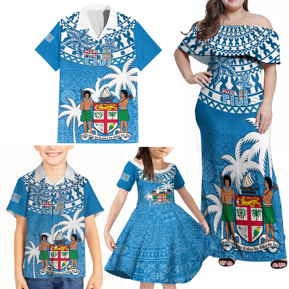 Fiji Family Matching Off Shoulder Maxi Dress and Hawaiian Shirt Bula Fijian Tapa Pattern LT01 - Polynesian Pride