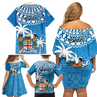 Fiji Family Matching Off Shoulder Short Dress and Hawaiian Shirt Bula Fijian Tapa Pattern LT01 - Polynesian Pride