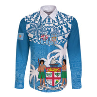Fiji Long Sleeve Button Shirt Bula Fijian Tapa Pattern LT01 Unisex Blue - Polynesian Pride