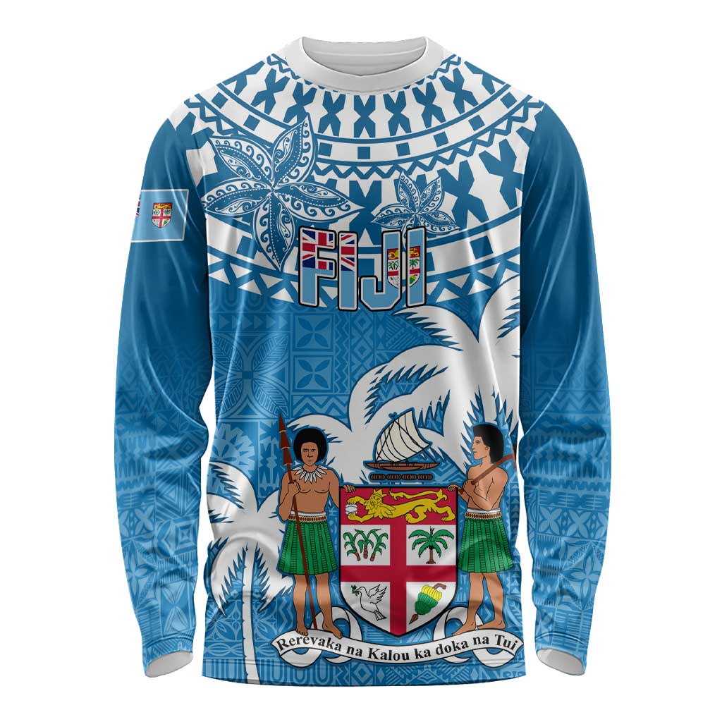 Fiji Long Sleeve Shirt Bula Fijian Tapa Pattern LT01 Unisex Blue - Polynesian Pride