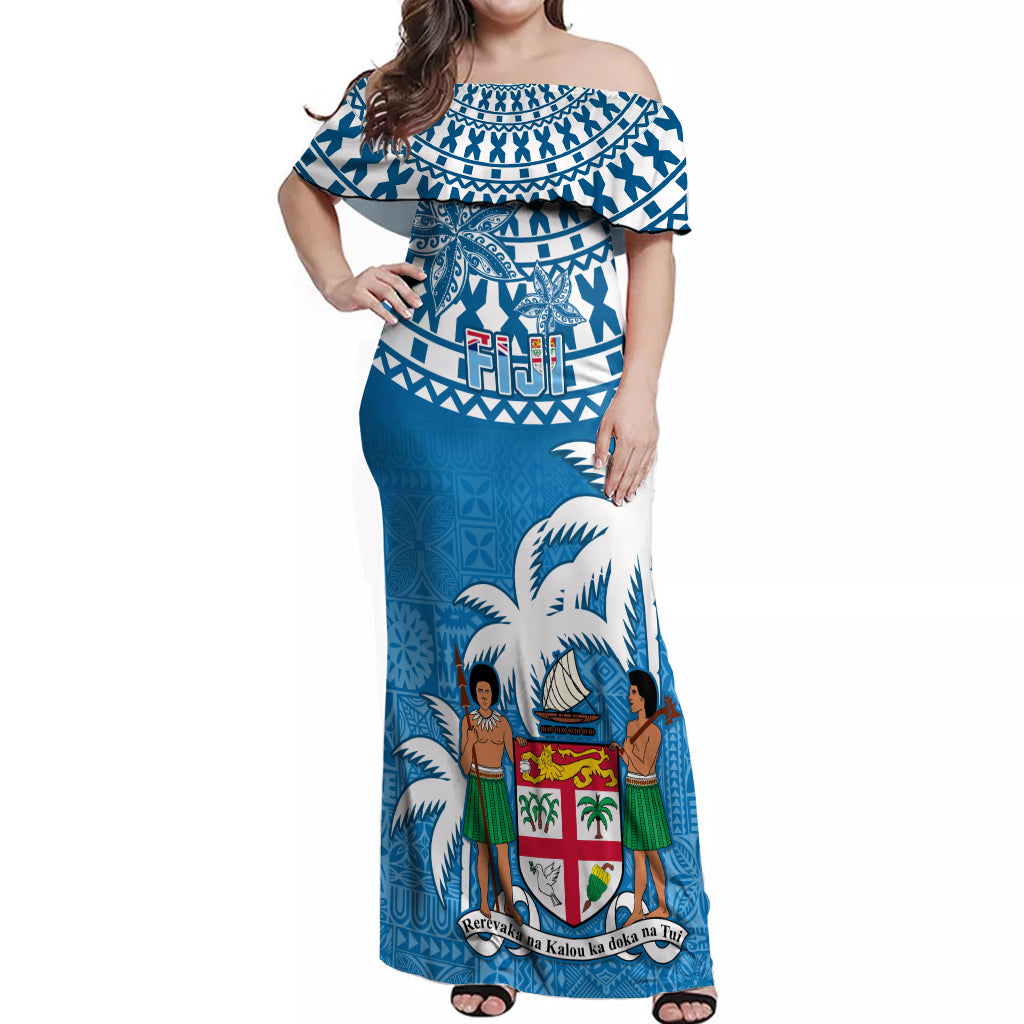 Fiji Off Shoulder Maxi Dress Bula Fijian Tapa Pattern LT01 Women Blue - Polynesian Pride