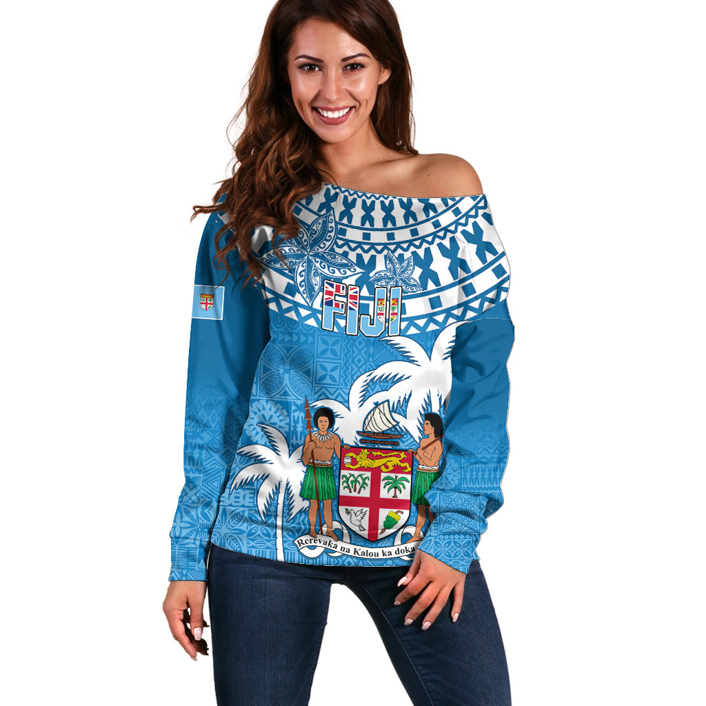 Fiji Off Shoulder Sweater Bula Fijian Tapa Pattern LT01 Women Blue - Polynesian Pride