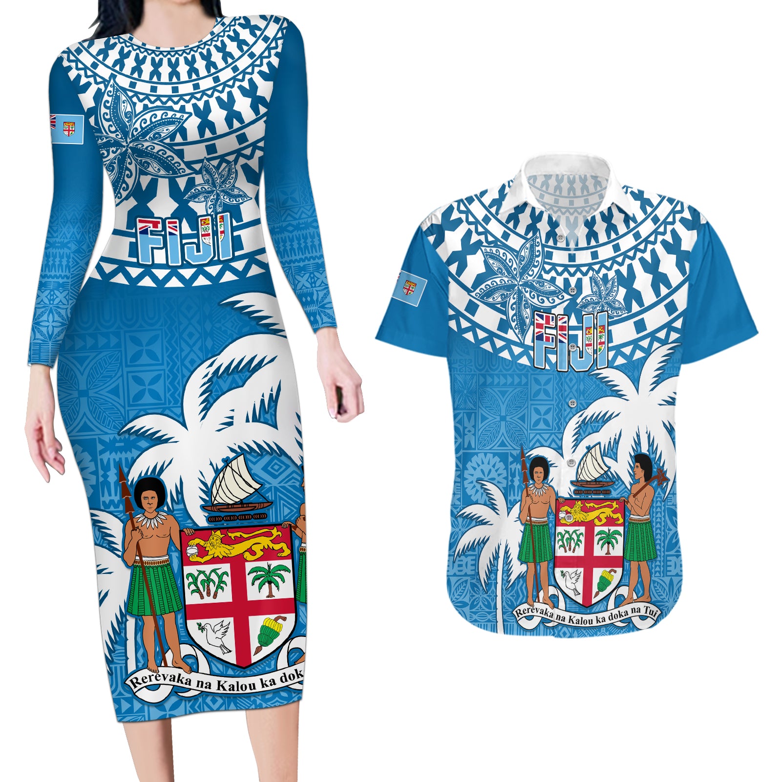 Personalised Fiji Couples Matching Long Sleeve Bodycon Dress and Hawaiian Shirt Bula Fijian Tapa Pattern LT01 Blue - Polynesian Pride