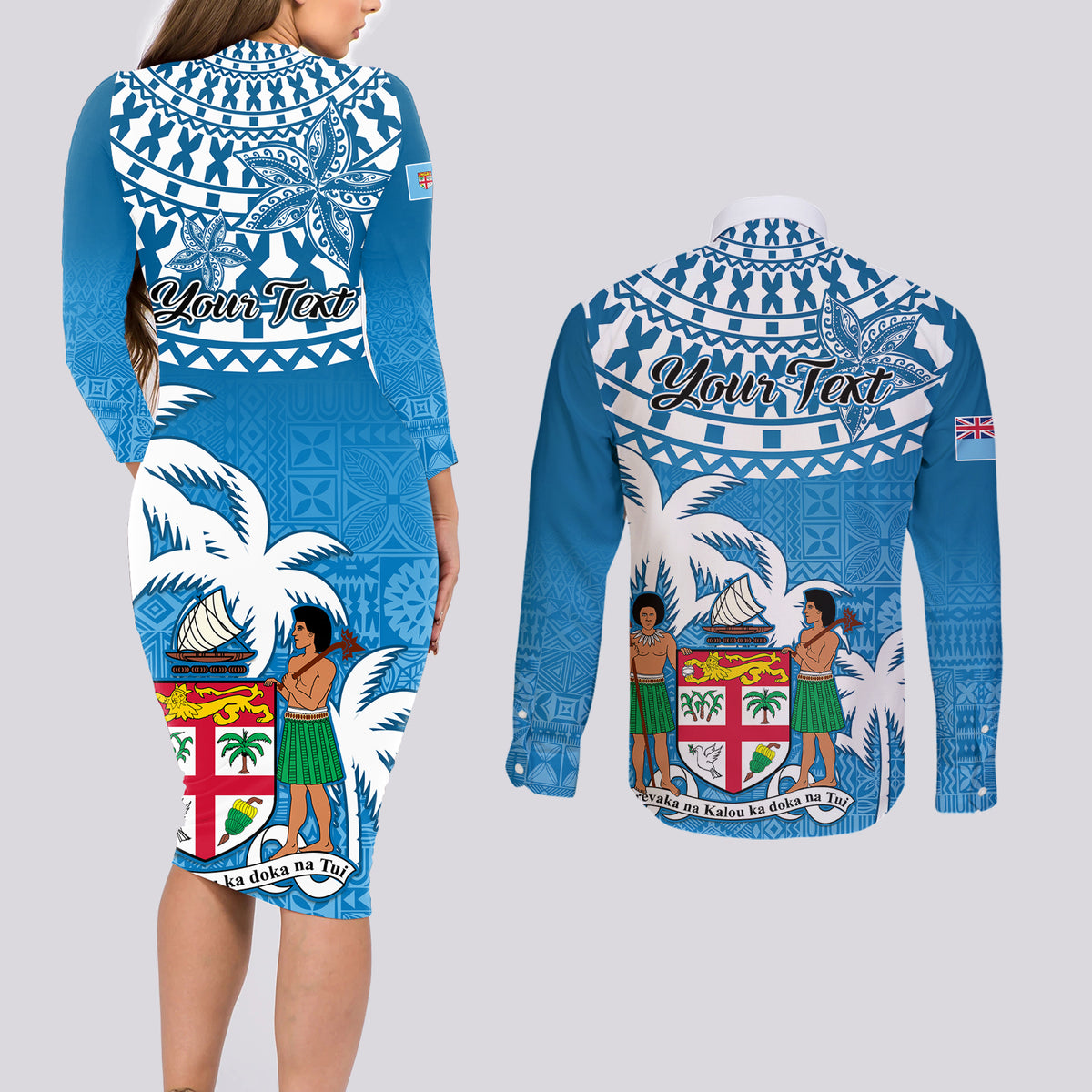 Personalised Fiji Couples Matching Long Sleeve Bodycon Dress and Long Sleeve Button Shirts Bula Fijian Tapa Pattern LT01 - Polynesian Pride