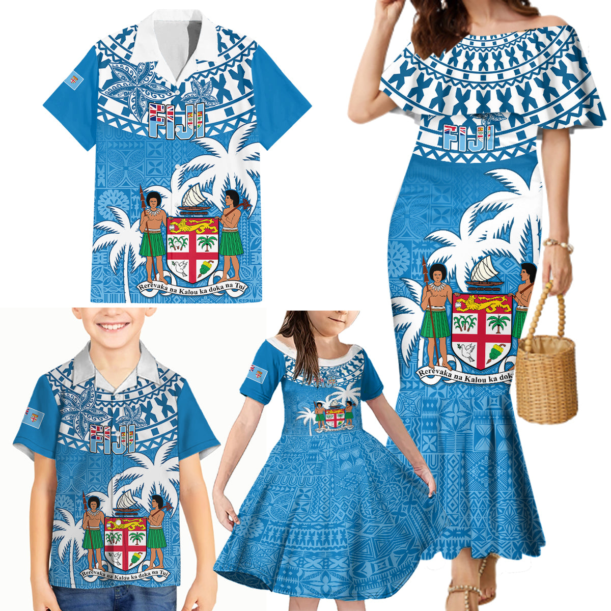 Personalised Fiji Family Matching Mermaid Dress and Hawaiian Shirt Bula Fijian Tapa Pattern LT01 - Polynesian Pride