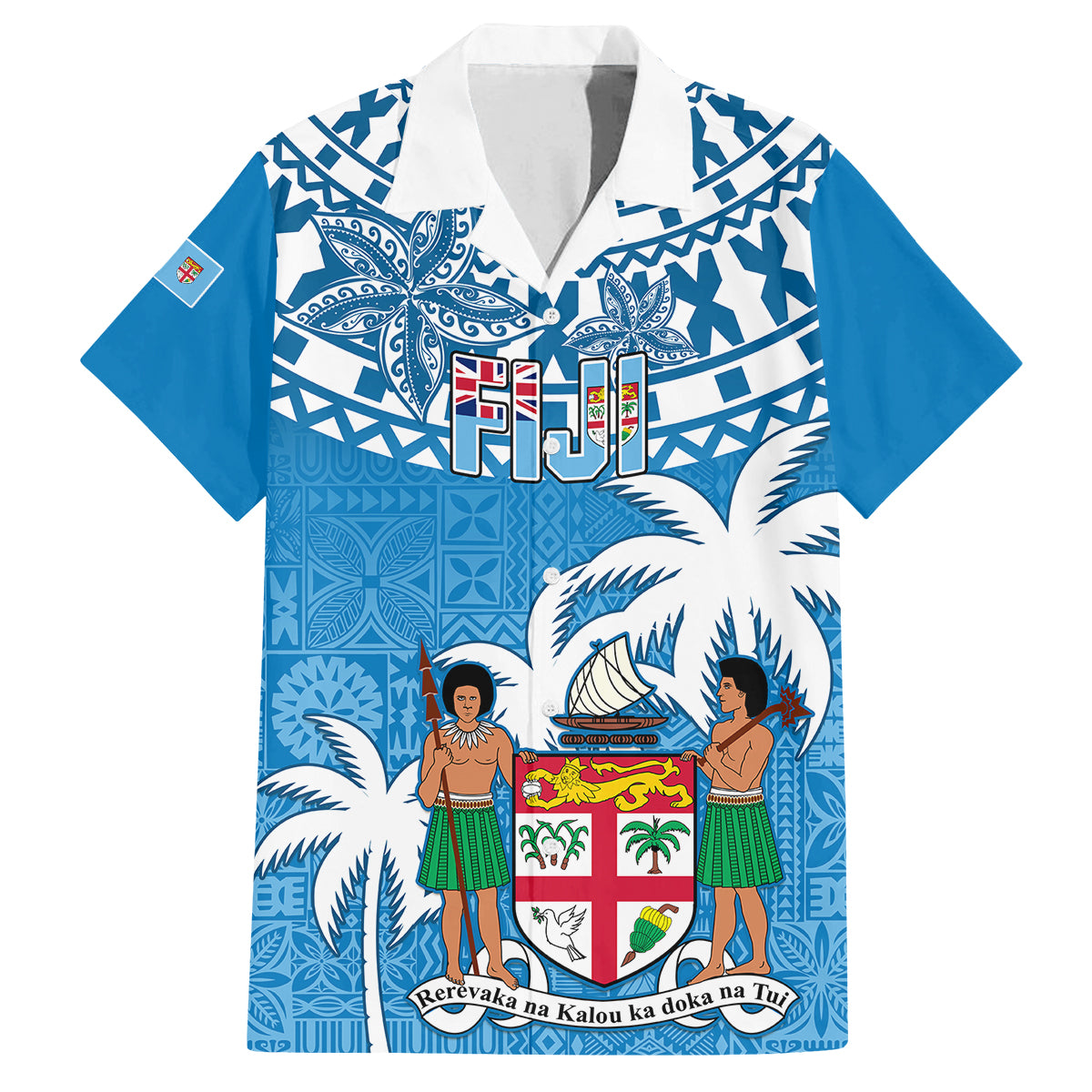 Personalised Fiji Family Matching Off Shoulder Short Dress and Hawaiian Shirt Bula Fijian Tapa Pattern LT01 Dad's Shirt - Short Sleeve Blue - Polynesian Pride