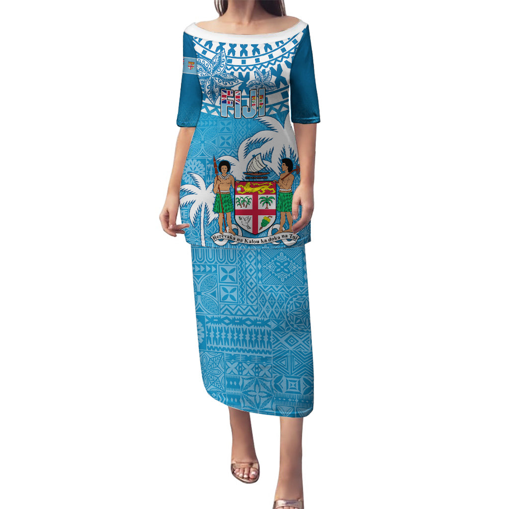 Personalised Fiji Puletasi Bula Fijian Tapa Pattern LT01 Long Dress Blue - Polynesian Pride