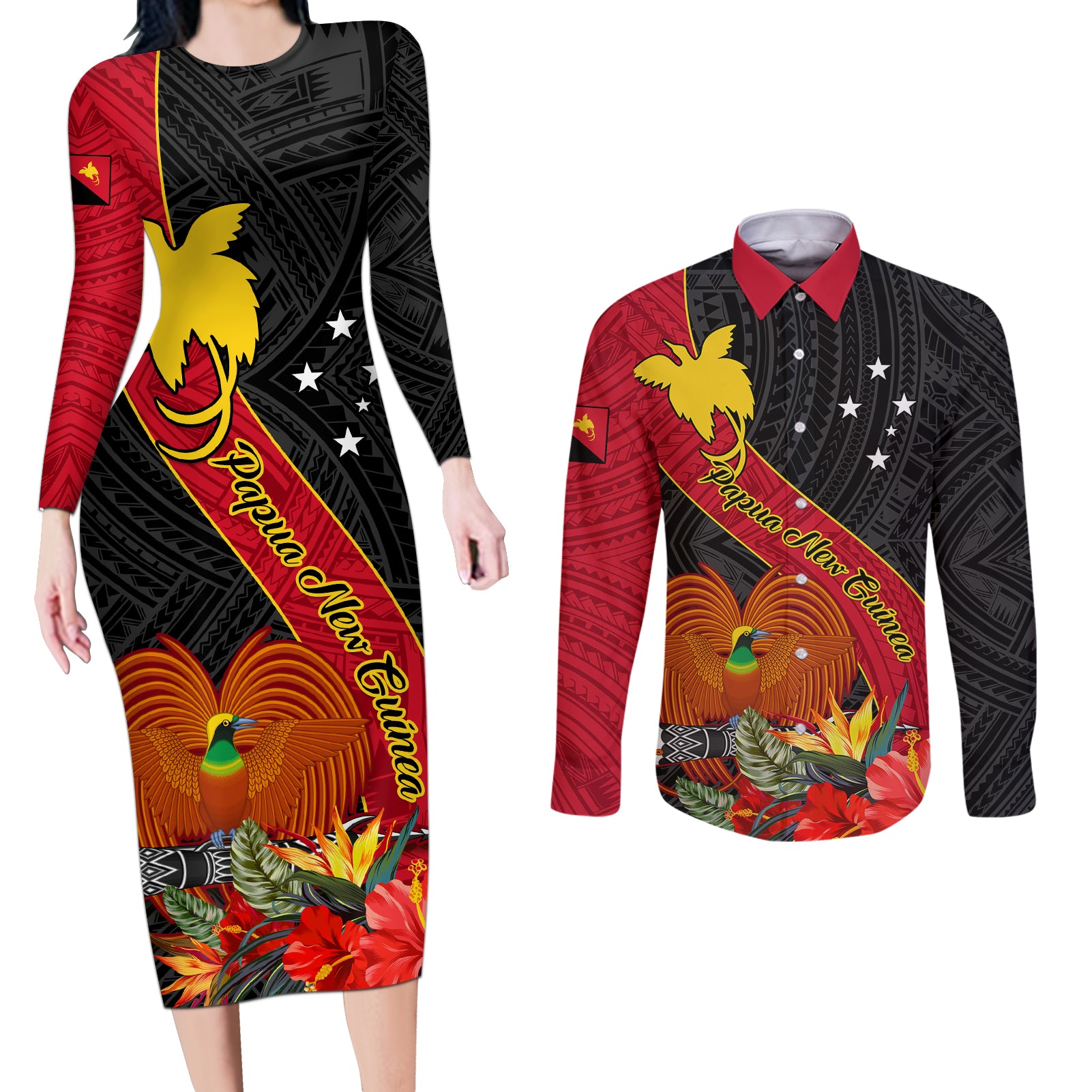 Personalised Papua New Guinea Couples Matching Long Sleeve Bodycon Dress and Long Sleeve Button Shirts Bird Of Paradise With Tropical Flower LT01 Black - Polynesian Pride