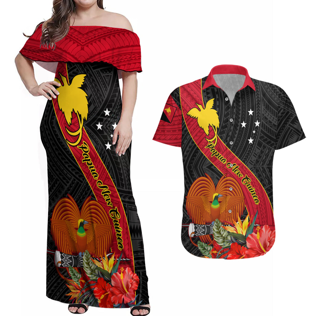 Personalised Papua New Guinea Couples Matching Off Shoulder Maxi Dress and Hawaiian Shirt Bird Of Paradise With Tropical Flower LT01 Black - Polynesian Pride