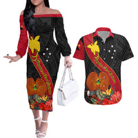 Personalised Papua New Guinea Couples Matching Off The Shoulder Long Sleeve Dress and Hawaiian Shirt Bird Of Paradise With Tropical Flower LT01 Black - Polynesian Pride