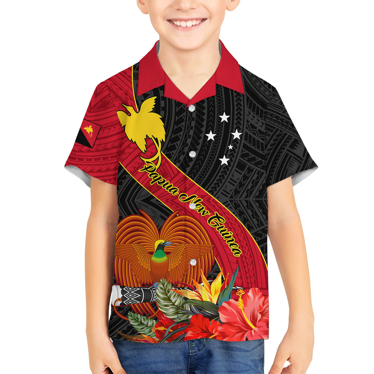 Personalised Papua New Guinea Family Matching Mermaid Dress and Hawaiian Shirt Bird Of Paradise With Tropical Flower LT01 Son's Shirt Black - Polynesian Pride