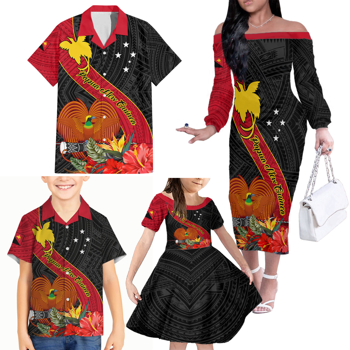 Personalised Papua New Guinea Family Matching Off Shoulder Long Sleeve Dress and Hawaiian Shirt Bird Of Paradise With Tropical Flower LT01 - Polynesian Pride