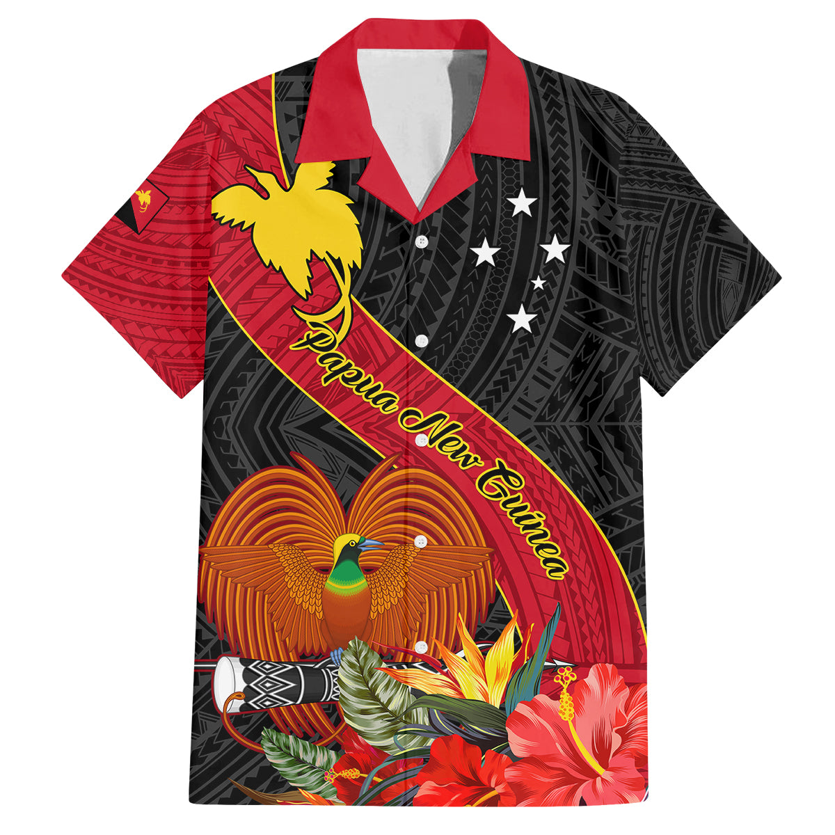 Personalised Papua New Guinea Family Matching Short Sleeve Bodycon Dress and Hawaiian Shirt Bird Of Paradise With Tropical Flower LT01 Dad's Shirt - Short Sleeve Black - Polynesian Pride