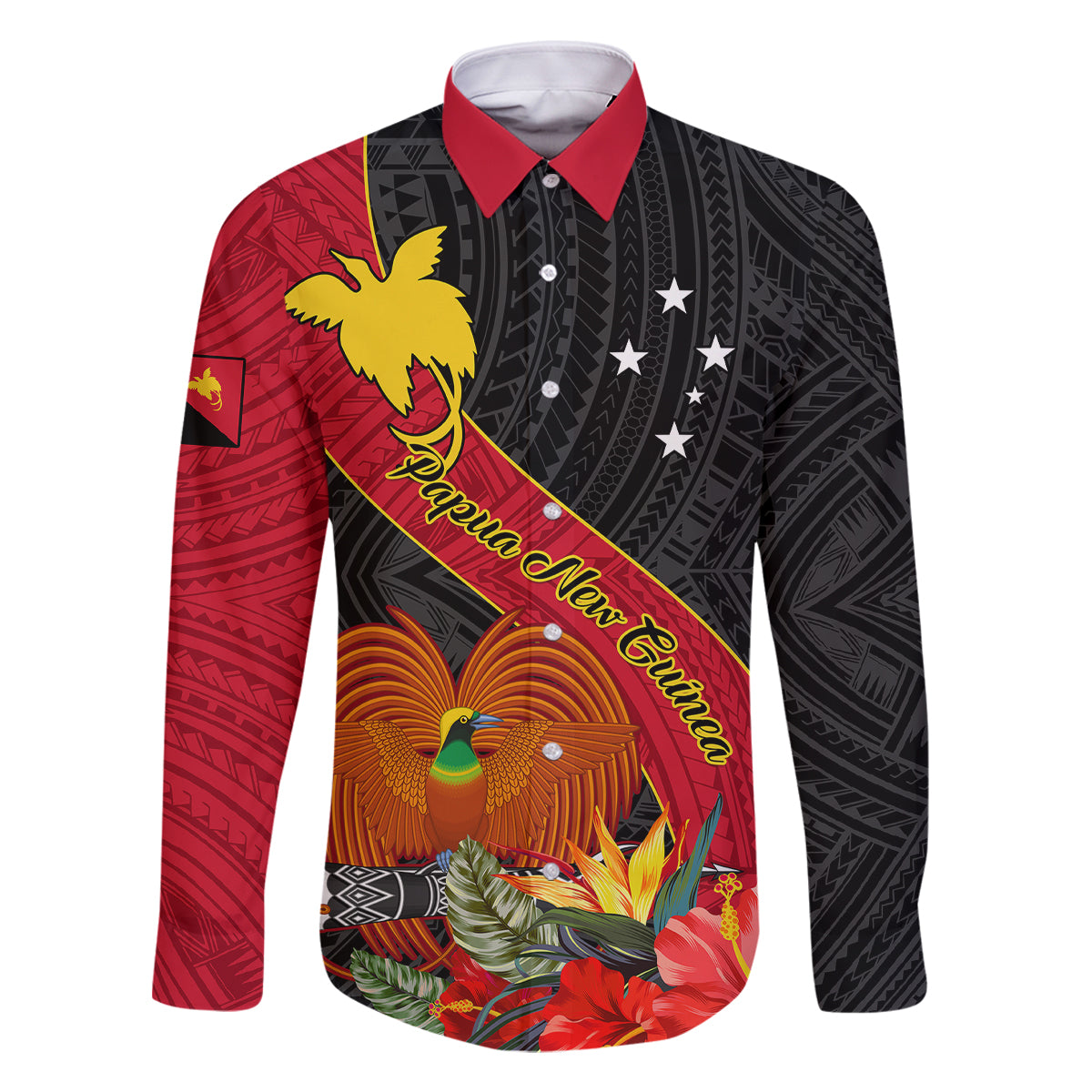 Personalised Papua New Guinea Family Matching Short Sleeve Bodycon Dress and Hawaiian Shirt Bird Of Paradise With Tropical Flower LT01 Dad's Shirt - Long Sleeve Black - Polynesian Pride