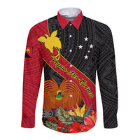 Personalised Papua New Guinea Long Sleeve Button Shirt Bird Of Paradise With Tropical Flower LT01 Unisex Black - Polynesian Pride