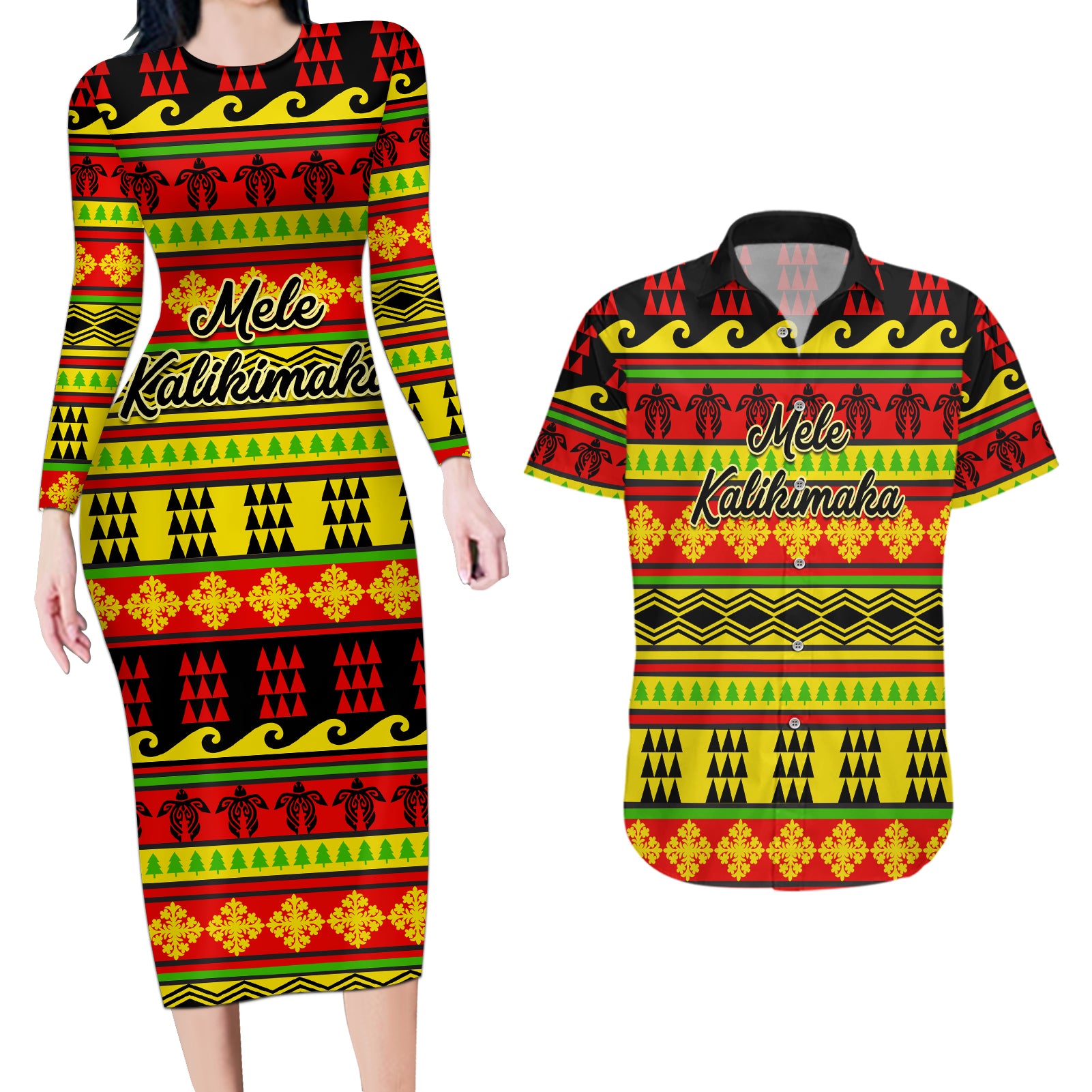 Custom Hawaii Christmas Couples Matching Long Sleeve Bodycon Dress and Hawaiian Shirt Hawaiian Quilt Pattern Reggae Version LT01 Art - Polynesian Pride