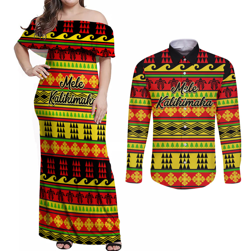 Custom Hawaii Christmas Couples Matching Off Shoulder Maxi Dress and Long Sleeve Button Shirt Hawaiian Quilt Pattern Reggae Version LT01 Art - Polynesian Pride