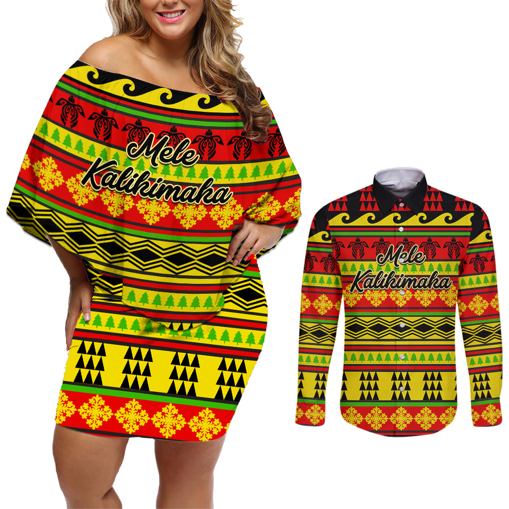 Custom Hawaii Christmas Couples Matching Off Shoulder Short Dress and Long Sleeve Button Shirt Hawaiian Quilt Pattern Reggae Version LT01 Art - Polynesian Pride