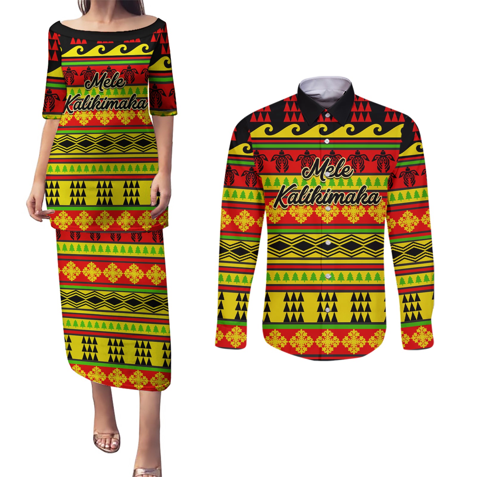 Custom Hawaii Christmas Couples Matching Puletasi Dress and Long Sleeve Button Shirt Hawaiian Quilt Pattern Reggae Version LT01 Art - Polynesian Pride