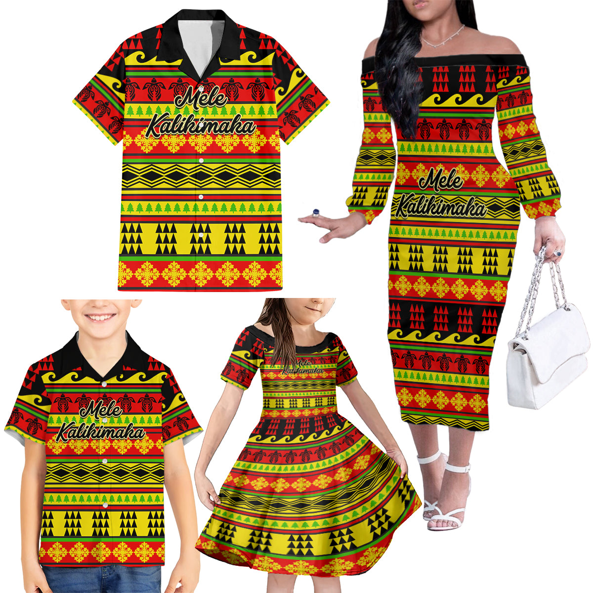 Custom Hawaii Christmas Family Matching Off Shoulder Long Sleeve Dress and Hawaiian Shirt Hawaiian Quilt Pattern Reggae Version LT01 - Polynesian Pride