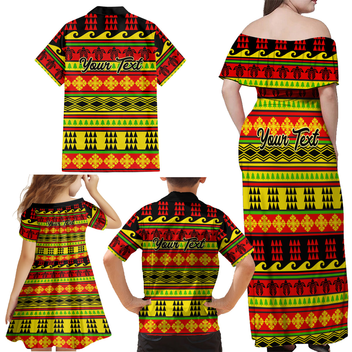 Custom Hawaii Christmas Family Matching Off Shoulder Maxi Dress and Hawaiian Shirt Hawaiian Quilt Pattern Reggae Version LT01 - Polynesian Pride
